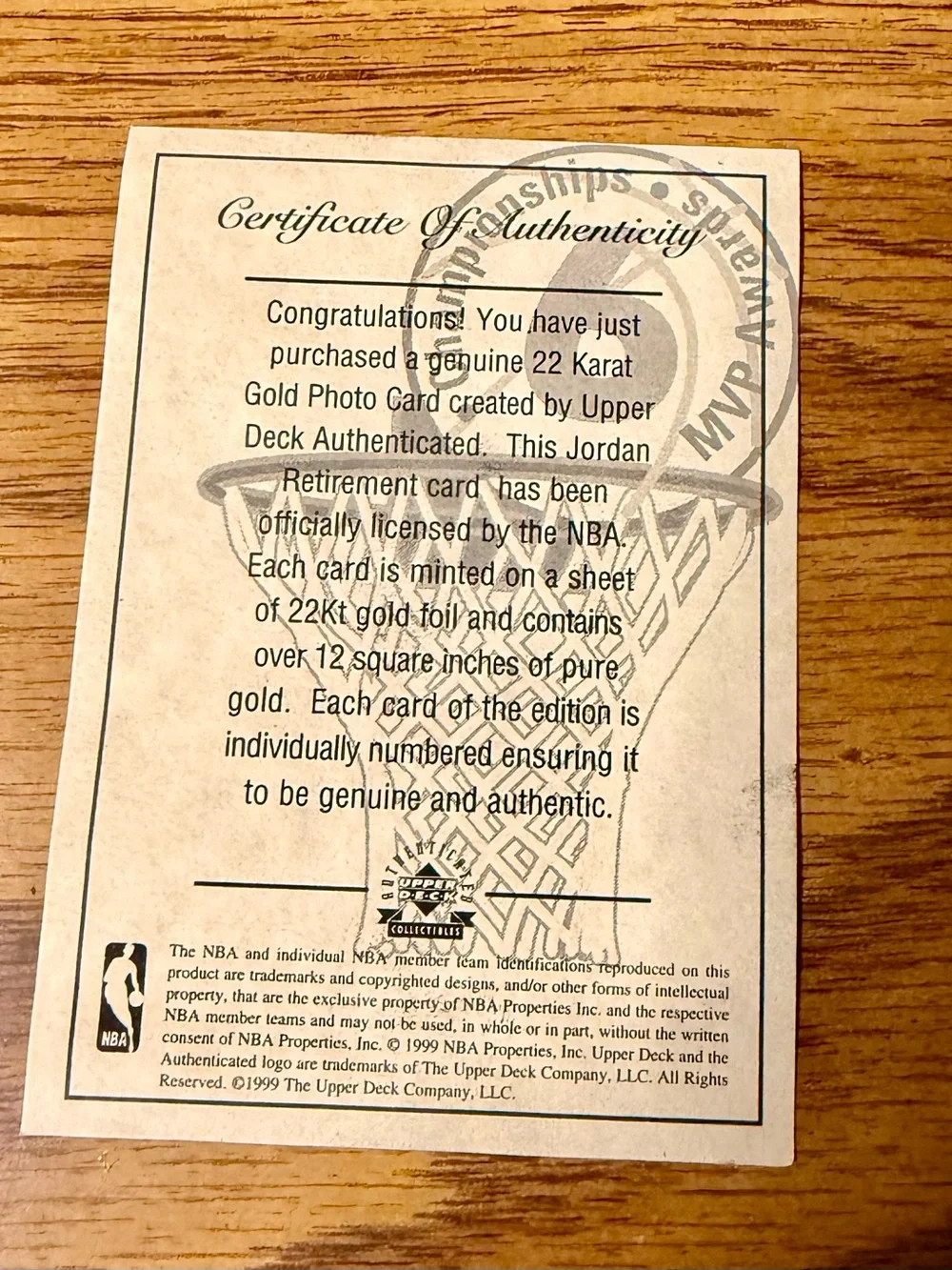 Jordan Gold and White Commemorative Card